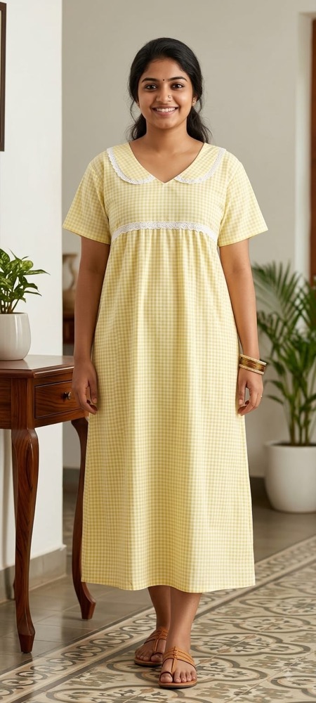 Pastel Yellow Gingham Cotton Nighty